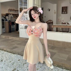 批发实拍夏季新款无袖吊带收到花朵拼接撞色打底连衣裙