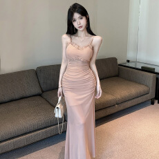 批发实拍夏季新款女装露肩无袖吊带荷叶边中长款网纱打底包臀连衣裙