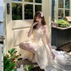 批发SISI JIANG“西洋茶会”复古浪漫<b class='q'>修身</b>花边网纱拼接收腰显瘦连衣裙