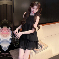 批发夏装小个子独特漂亮无袖雪纺衬衫半身裙女神范两件套