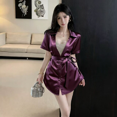 批发2026夏季新款轻熟风设计感气质短袖衬衫连衣裙