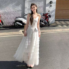 批发2026夏季新款网纱拼接长款裙子修身显瘦无袖吊带打底大摆<b class='q'>连衣裙</b>