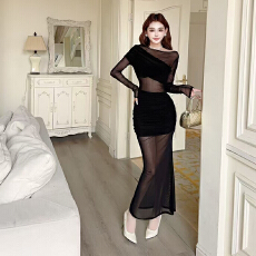 批发实拍新款性感无袖斜领打底<b class='q'>修身</b>显瘦长款包臀镂空连衣裙
