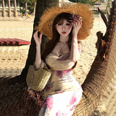 批发度假风紫色印花吊带连衣裙女春夏季收腰显瘦长裙