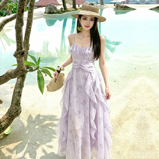 批发新款性感网纱长款<b class='q'>一字领</b>吊带大摆<b class='q'>连衣裙</b>