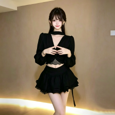 批发<b class='q'>新款</b>衬衫纯欲风蕾丝拼接上衣收腰显瘦蓬蓬裙套装