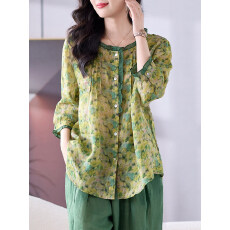 批发2026<b class='q'>大码</b><b class='q'>女装</b>纯苎麻上衣女夏季新款宽松绿色女士衬衣衬衫