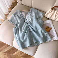 批发2026夏季新款宽松轻薄透气V领小衫女气质减龄高级感简约上衣