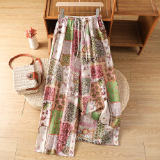 批发实拍欧洲站复古苎麻松紧花长<b class='q'>裤</b>2026夏季新款时尚洋气阔腿休闲<b class='q'>裤</b>潮