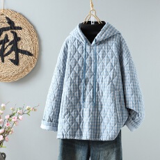 批发实拍<b class='q'>复古</b>格纹连帽棉服女冬季新款日系宽松套头夹棉卫衣外套棉衣