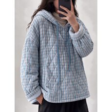 批发实拍<b class='q'>复古</b>格纹连帽棉服女冬季新款日系宽松套头夹棉卫衣外套棉衣