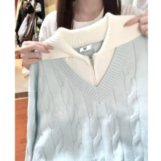 批发【绵羊绒】蓝色假两件翻领麻花毛衣女秋冬慵懒风宽松针织衫上衣