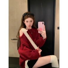 批发【实价不减】微胖穿搭蕾丝拼接长袖毛衣秋冬季大码宽松针织衫上衣