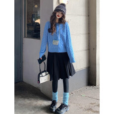 批发实价不减【绵羊绒三根蓝色麻花毛衣外套女韩系显瘦百搭巨好看开衫