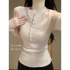 批发实价不减【包芯纱】粉色麻花亨利领正肩长袖针织衫修身内搭打底衫