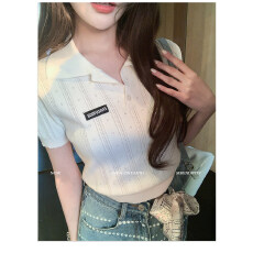 批发实价不减【<b class='q'>包</b><b class='q'>芯</b>纱学院风白色麻花冰<b class='q'>丝</b>收腰上衣polo领修身短袖T恤