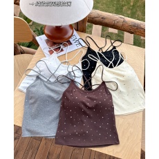 批发实价不减】辣妹烫钻性感交叉美背吊带背心夏季外穿百搭带胸垫上衣