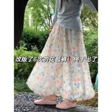 批发2025年新款夏季薄款宽松阔腿高腰a字彩色碎花蓬蓬花苞裙裤女潮