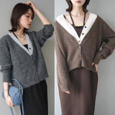 批发实拍 新款蓬松软糯假两件双门襟宽松V领针织开衫女+半身裙 套装