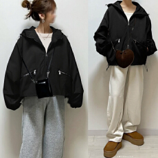 批发实拍 女黑色休闲宽松女小个子短款连帽风衣 时尚女短薄款开衫上衣