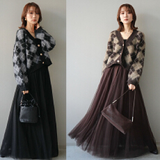 批发实拍 春秋新款V领格子毛衣开衫+半身大摆网纱长裙 <b class='q'>两件</b>套 套装