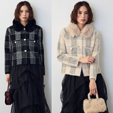 批发实拍 新款宽松新款洋气水貂毛毛领外套<b class='q'>冬</b>季格子毛领短款开衫上衣