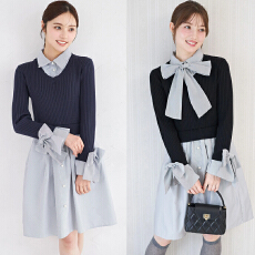 批发预售 新款女春秋针织拼接条纹假两件立领圆领多穿法蝴蝶结<b class='q'>连衣</b>裙