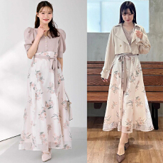 批发预售 实拍 新款V领泡泡袖女针织拼接印花针织长裙 优雅短袖长裙子