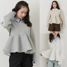 批发预售 实拍 2026年新款春秋女假两件拼接翻领长袖荷叶边遮肚子<b class='q'>卫衣</b>