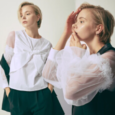 批发实拍 大量货 春夏新款高档蝴蝶结棉衬衣拼接网纱灯笼袖棉衬衣