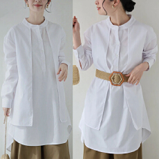 批发实拍 大量货 新款时尚<b class='q'>假两件</b>白色高档棉长<b class='q'>衬衫</b>女长袖中长款<b class='q'>衬衣</b>裙