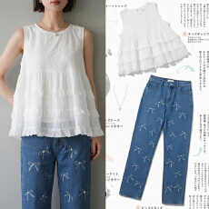 批发实拍 大量货 夏季新款重工刺绣大摆宽松白色棉<b class='q'>上衣</b>衫+钉珠牛仔<b class='q'>裤</b>