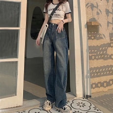 批发阔腿<b class='q'>牛仔裤</b>女学生高腰显瘦复古设计感韩版百搭直筒宽松裤子ins潮