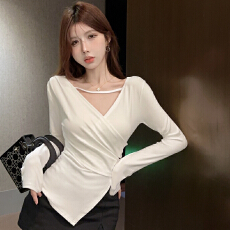 批发官图#40支莫代尔260克人棉交叉v领长袖T恤短款不规则垫肩<b class='q'>上衣</b>