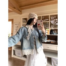 批发时尚蕾丝拼接洗水<b class='q'>牛仔</b>短外套女夏季2025新款设计感小个子宽松上衣