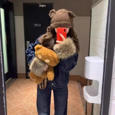 批发羊羔毛大翻领牛仔棉衣外套女小个子冬季保暖高腰短款加绒夹克棉服