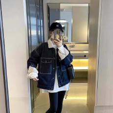 批发慵懒风加绒加厚牛仔外套棉服女冬季毛领复古宽松上衣