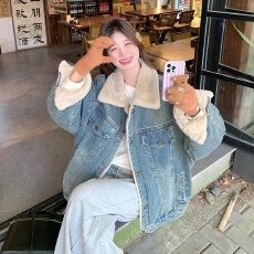 批发加绒加厚牛仔羊羔毛外套女2025冬季新款爆款皮毛一体短款派克棉服