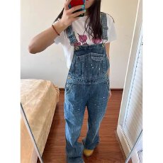 批发竹节喷墨牛仔<b class='q'>背带裤</b>美式二罗宽松直筒<b class='q'>背带裤</b><b class='q'>女</b>阔腿工装<b class='q'>背带裤</b>