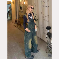 批发牛仔<b class='q'>背带裤</b>美式二罗重磅水洗直筒裤<b class='q'>女</b>工装连体裤阿美<b class='q'>咔叽</b>长裤子