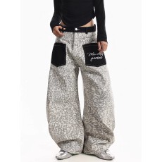 批发美式复古撞色口袋豹纹牛仔裤女春夏季设计感宽松阔腿弯刀裤长裤