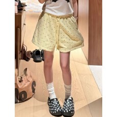 立体腰头-黄色波点短裤女夏季慵懒风宽松休闲裤百搭抽绳阔腿热裤