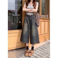 批发复古美式蓝色七分<b class='q'>牛仔裤</b>女夏季胖mm宽松<b class='q'>时尚</b>高腰显瘦直筒阔腿中裤