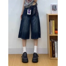批发<b class='q'>大码</b>复古深蓝色七分牛仔<b class='q'>短裤</b>女夏季胖mm宽松显瘦高腰直筒阔腿中裤
