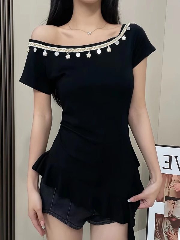 FA32023# 法式气质一字肩贝壳流苏设计短袖T恤女夏季新款修身显瘦百搭上衣 服裝批發女裝批發服飾貨源