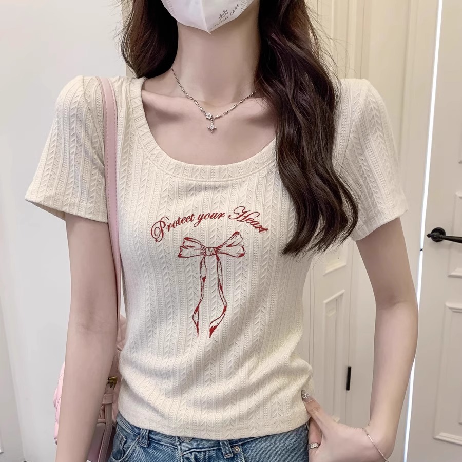 FA32024# 韩系学院风正肩u领短袖t恤女装夏季新款高级感半袖体恤修身上衣 服裝批發女裝批發服飾貨源