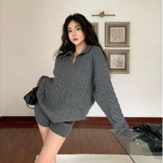 批发已发货 慵懒套装女<b class='q'>夏</b>季2025新款长袖翻领毛衣高腰针织短裤两件套