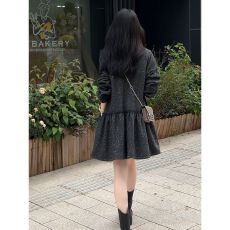 批发秋冬新款细闪木耳边显瘦时尚减龄气质圆领长袖连衣裙女 初秋上新
