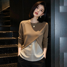 批发秋冬新款设计感假两件条纹拼接卫衣女长袖<b class='q'>显瘦</b>遮肚简约感上衣