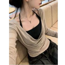 批发长袖<b class='q'>罩衫</b>T恤女冬荡领真两件上衣 早秋新款 辣妹风 ins风 高腰